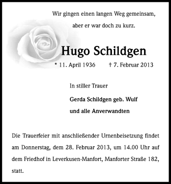 Anzeige von Hugo Schildgen von Kölner Stadt-Anzeiger / Kölnische Rundschau / Express