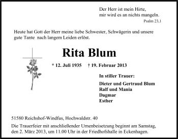 Anzeige von Rita Blum von Kölner Stadt-Anzeiger / Kölnische Rundschau / Express