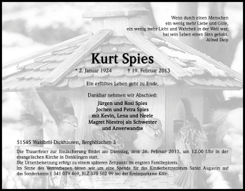 Anzeige von Kurt Spies von Kölner Stadt-Anzeiger / Kölnische Rundschau / Express