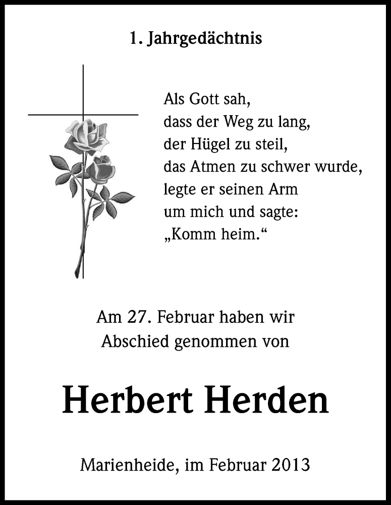  Traueranzeige für Herbert Herden vom 27.02.2013 aus Kölner Stadt-Anzeiger / Kölnische Rundschau / Express