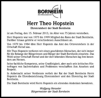 Anzeige von Theo Hopstein von Kölner Stadt-Anzeiger / Kölnische Rundschau / Express