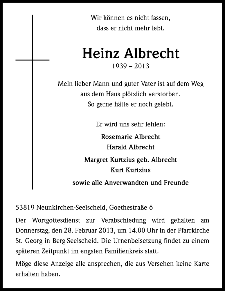  Traueranzeige für Heinz Albrecht vom 23.02.2013 aus Kölner Stadt-Anzeiger / Kölnische Rundschau / Express