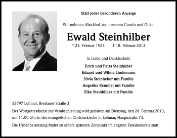 Anzeige von Ewald Steinhilber von Kölner Stadt-Anzeiger / Kölnische Rundschau / Express