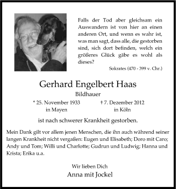Anzeige von Gerhard Engelbert Haas von Kölner Stadt-Anzeiger / Kölnische Rundschau / Express