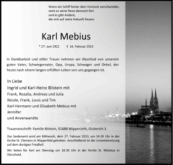 Anzeige von Karl Mebius von Kölner Stadt-Anzeiger / Kölnische Rundschau / Express