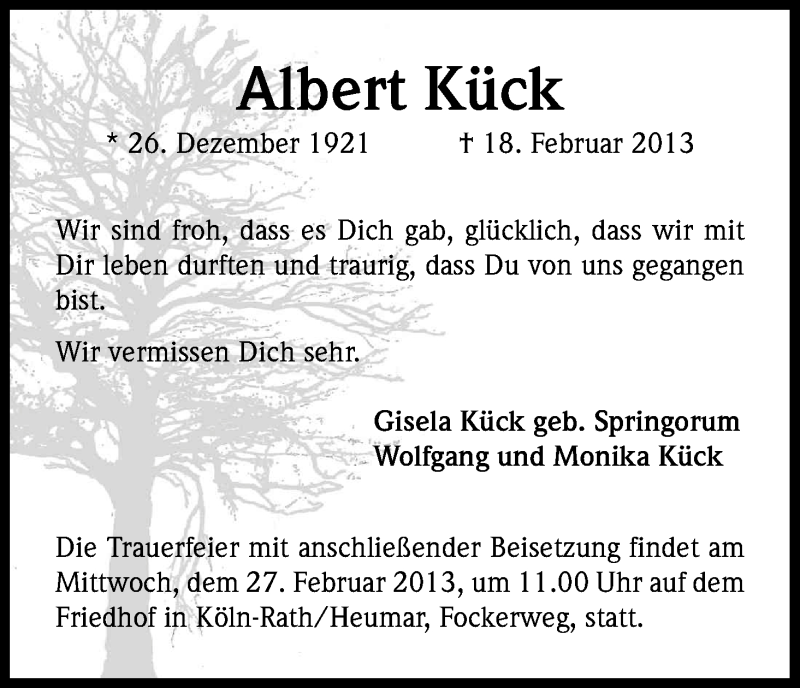  Traueranzeige für Albert Kück vom 23.02.2013 aus Kölner Stadt-Anzeiger / Kölnische Rundschau / Express