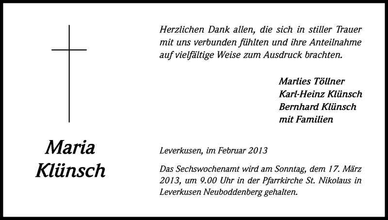  Traueranzeige für Maria Klünsch vom 23.02.2013 aus Kölner Stadt-Anzeiger / Kölnische Rundschau / Express