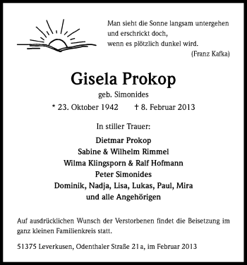 Anzeige von Gisela Prokop von Kölner Stadt-Anzeiger / Kölnische Rundschau / Express