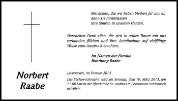 Anzeige von Norbert Raabe von Kölner Stadt-Anzeiger / Kölnische Rundschau / Express