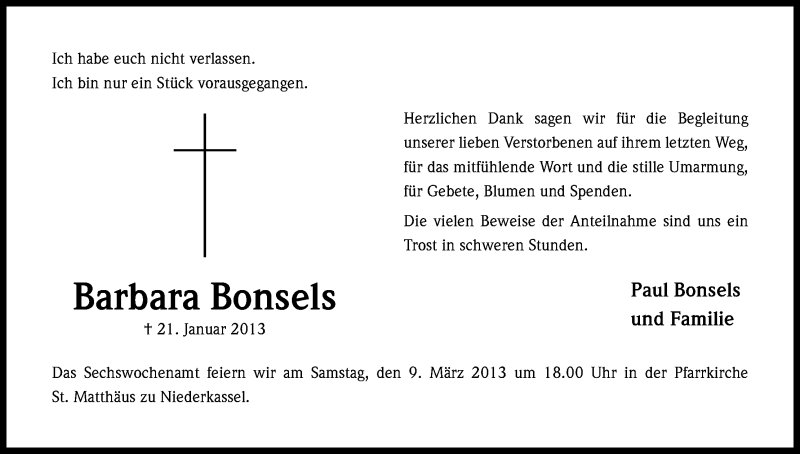  Traueranzeige für Barbara Bonsels vom 01.03.2013 aus Kölner Stadt-Anzeiger / Kölnische Rundschau / Express