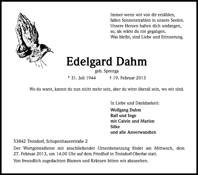  Traueranzeige für Edelgard Dahm vom 23.02.2013 aus Kölner Stadt-Anzeiger / Kölnische Rundschau / Express