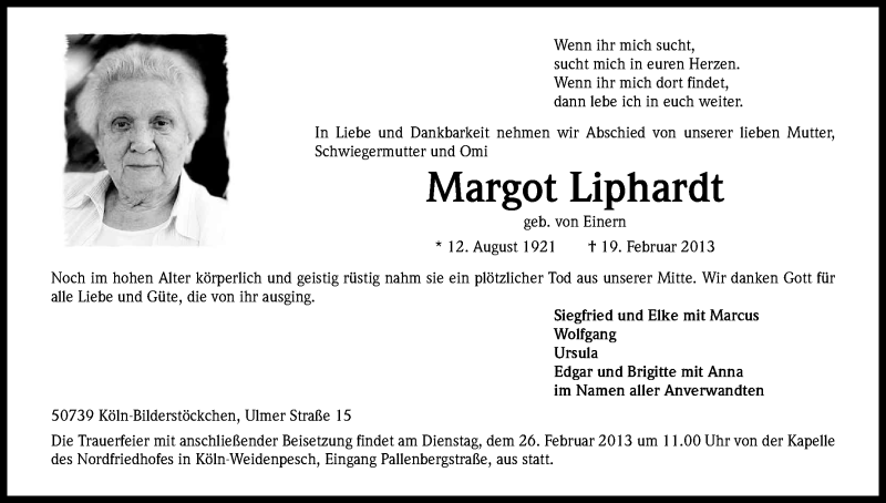  Traueranzeige für Margot Liphardt vom 23.02.2013 aus Kölner Stadt-Anzeiger / Kölnische Rundschau / Express