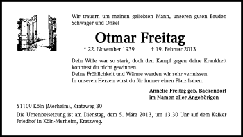 Anzeige von Otmar Freitag von Kölner Stadt-Anzeiger / Kölnische Rundschau / Express