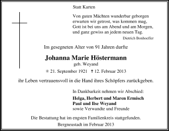 Anzeige von Johanna Marie Höstermann von Kölner Stadt-Anzeiger / Kölnische Rundschau / Express