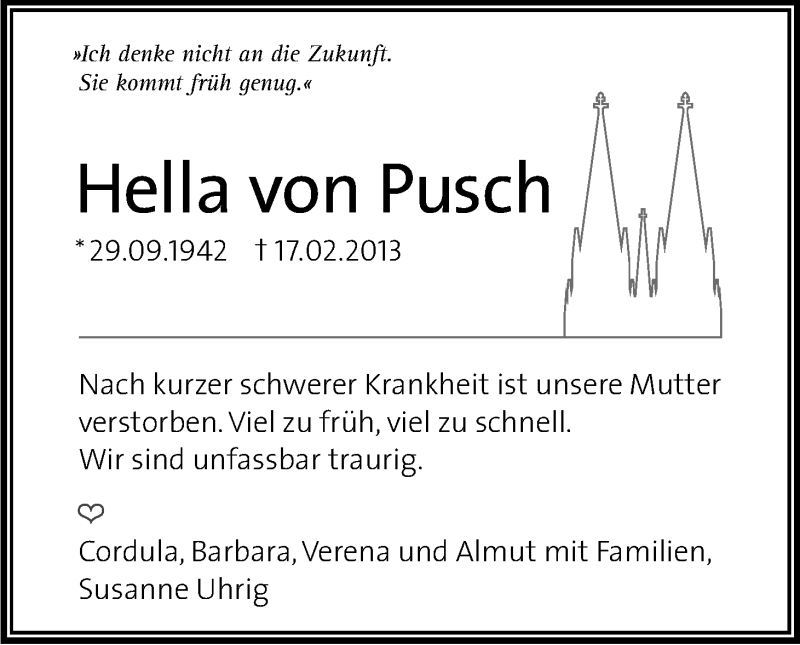  Traueranzeige für Hella von Pusch vom 23.02.2013 aus Kölner Stadt-Anzeiger / Kölnische Rundschau / Express