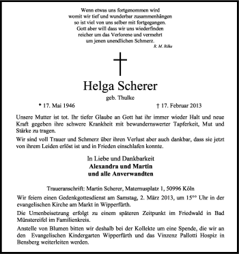 Anzeige von Helga Scherer von Kölner Stadt-Anzeiger / Kölnische Rundschau / Express