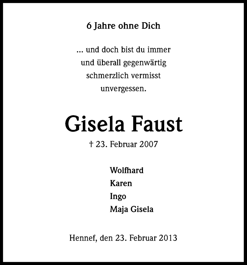  Traueranzeige für Gisela Faust vom 23.02.2013 aus Kölner Stadt-Anzeiger / Kölnische Rundschau / Express