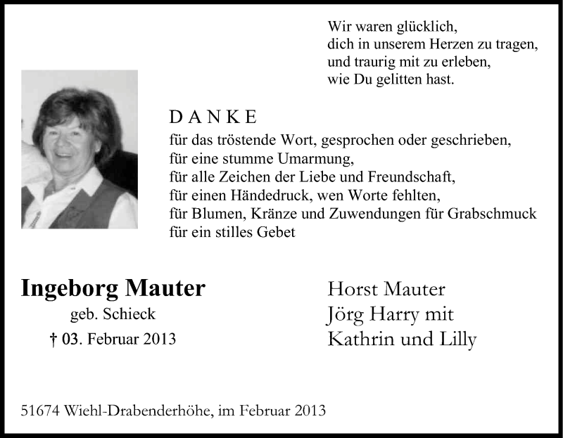  Traueranzeige für Ingeborg Mauter vom 27.02.2013 aus Kölner Stadt-Anzeiger / Kölnische Rundschau / Express