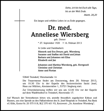 Anzeige von Anneliese Wiersberg von Kölner Stadt-Anzeiger / Kölnische Rundschau / Express