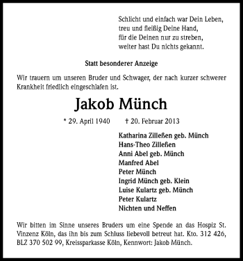 Anzeige von Jakob Münch von Kölner Stadt-Anzeiger / Kölnische Rundschau / Express