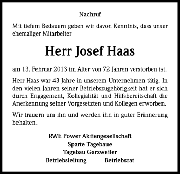 Anzeige von Josef Haas von Kölner Stadt-Anzeiger / Kölnische Rundschau / Express