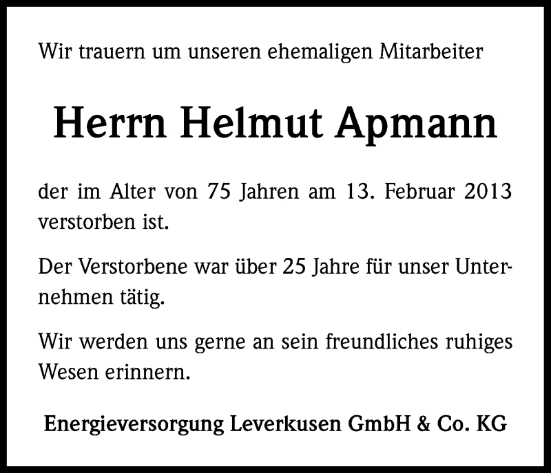  Traueranzeige für Helmut Apmann vom 23.02.2013 aus Kölner Stadt-Anzeiger / Kölnische Rundschau / Express