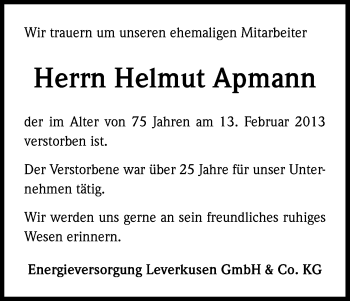 Anzeige von Helmut Apmann von Kölner Stadt-Anzeiger / Kölnische Rundschau / Express