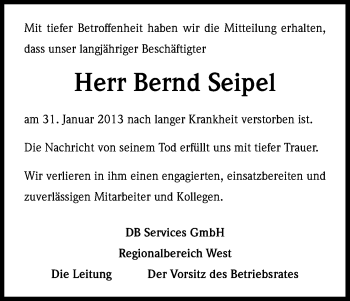 Anzeige von Bernd Seipel von Kölner Stadt-Anzeiger / Kölnische Rundschau / Express
