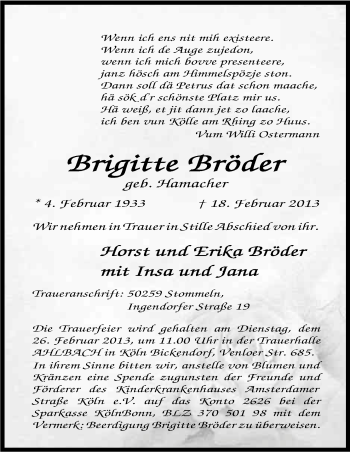 Anzeige von Brigitte Bröder von Kölner Stadt-Anzeiger / Kölnische Rundschau / Express