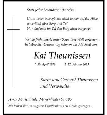 Anzeige von Kai Theunissen von Kölner Stadt-Anzeiger / Kölnische Rundschau / Express