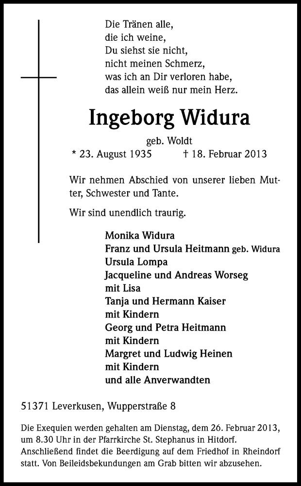  Traueranzeige für Ingeborg Widura vom 23.02.2013 aus Kölner Stadt-Anzeiger / Kölnische Rundschau / Express