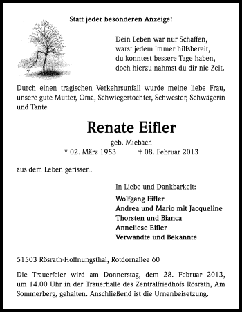 Anzeige von Renate Eifler von Kölner Stadt-Anzeiger / Kölnische Rundschau / Express