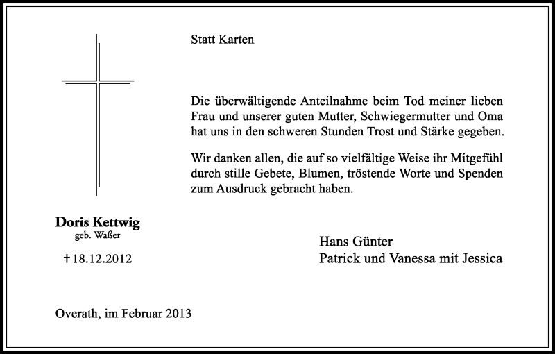  Traueranzeige für Doris Kettwig vom 23.02.2013 aus Kölner Stadt-Anzeiger / Kölnische Rundschau / Express