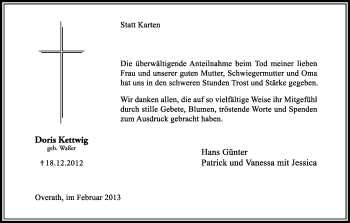 Anzeige von Doris Kettwig von Kölner Stadt-Anzeiger / Kölnische Rundschau / Express
