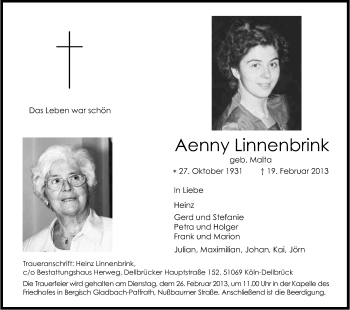Anzeige von Aenny Linnenbrink von Kölner Stadt-Anzeiger / Kölnische Rundschau / Express
