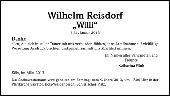 Anzeige von Wilhelm Reisdorf von Kölner Stadt-Anzeiger / Kölnische Rundschau / Express
