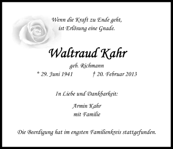 Anzeige von Waltraud Kahr von Kölner Stadt-Anzeiger / Kölnische Rundschau / Express