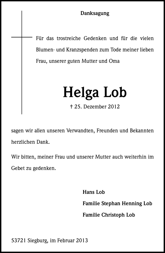  Traueranzeige für Helga Lob vom 23.02.2013 aus Kölner Stadt-Anzeiger / Kölnische Rundschau / Express