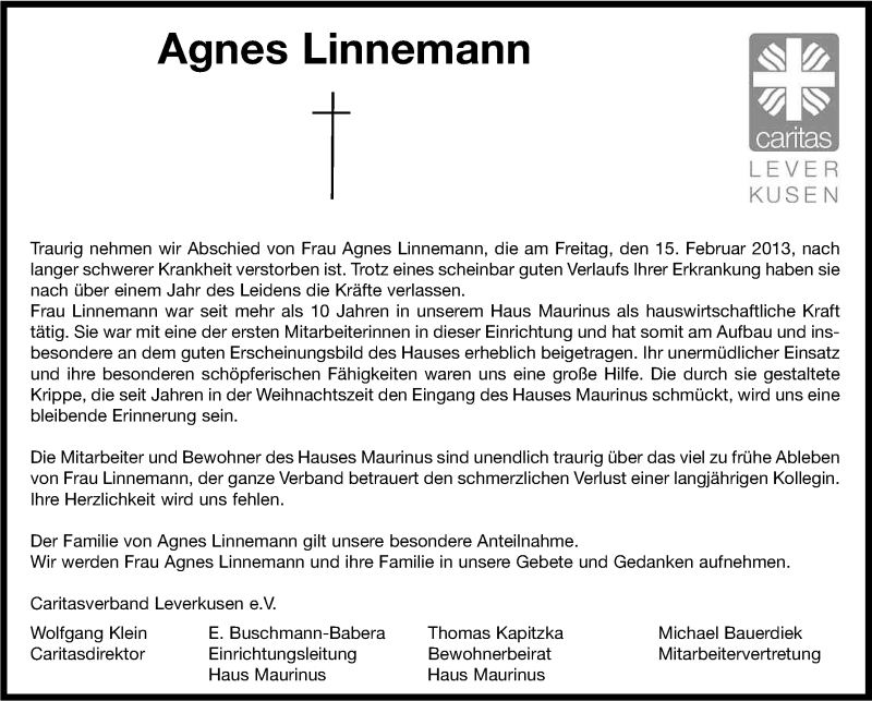  Traueranzeige für Agnes Linnemann vom 23.02.2013 aus Kölner Stadt-Anzeiger / Kölnische Rundschau / Express