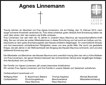 Anzeige von Agnes Linnemann von Kölner Stadt-Anzeiger / Kölnische Rundschau / Express