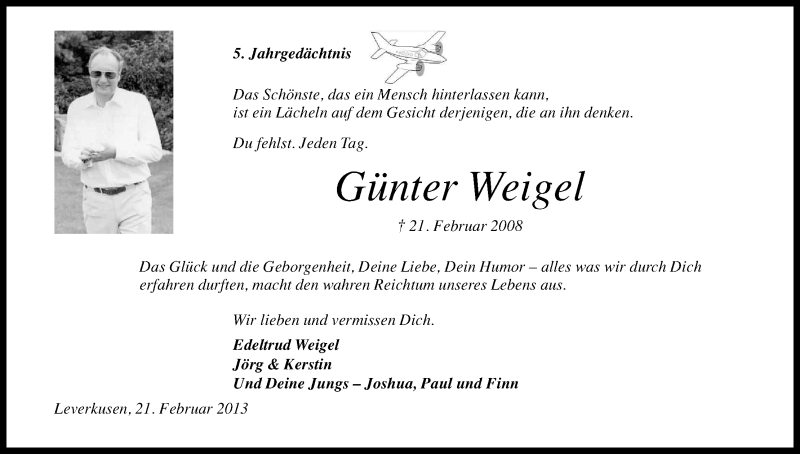  Traueranzeige für Günter Weigel vom 23.02.2013 aus Kölner Stadt-Anzeiger / Kölnische Rundschau / Express