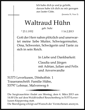 Anzeige von Waltraud Hühn von Kölner Stadt-Anzeiger / Kölnische Rundschau / Express