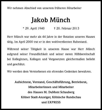 Anzeige von Jakob Münch von Kölner Stadt-Anzeiger / Kölnische Rundschau / Express