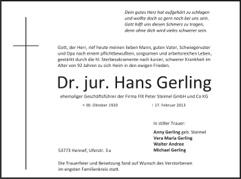 Anzeige von Hans Gerling von Kölner Stadt-Anzeiger / Kölnische Rundschau / Express