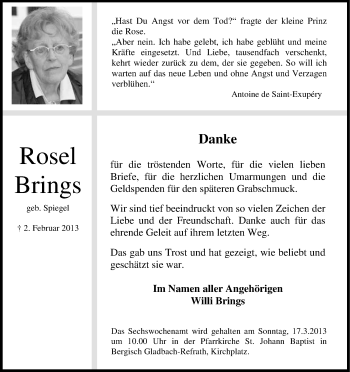 Anzeige von Rosel Brings von Kölner Stadt-Anzeiger / Kölnische Rundschau / Express