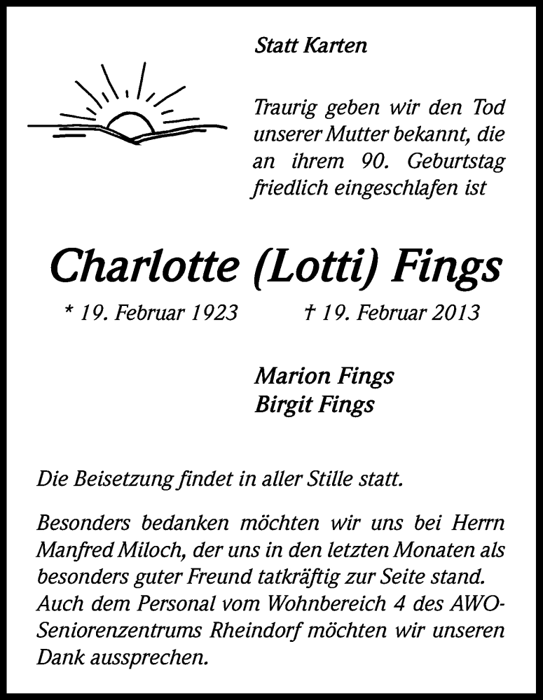  Traueranzeige für Charlotte Fings vom 23.02.2013 aus Kölner Stadt-Anzeiger / Kölnische Rundschau / Express