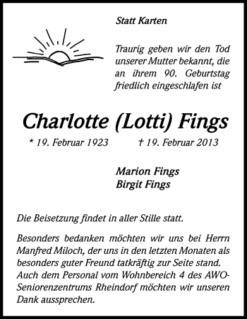 Anzeige von Charlotte Fings von Kölner Stadt-Anzeiger / Kölnische Rundschau / Express