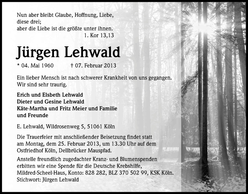  Traueranzeige für Jürgen Lehwald vom 23.02.2013 aus Kölner Stadt-Anzeiger / Kölnische Rundschau / Express