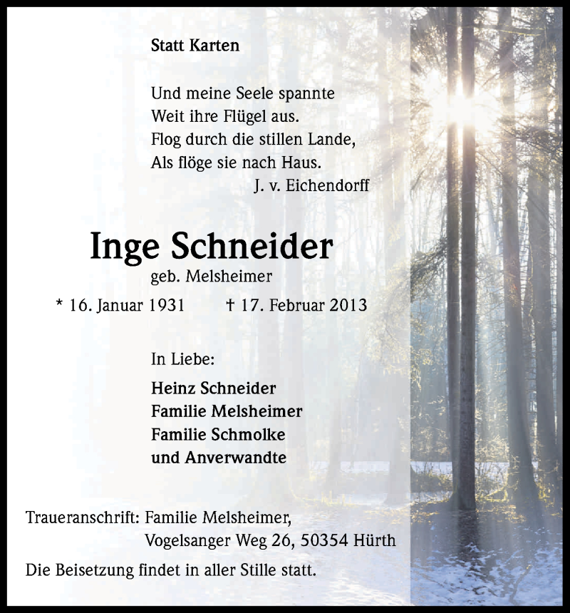  Traueranzeige für Inge Schneider vom 23.02.2013 aus Kölner Stadt-Anzeiger / Kölnische Rundschau / Express