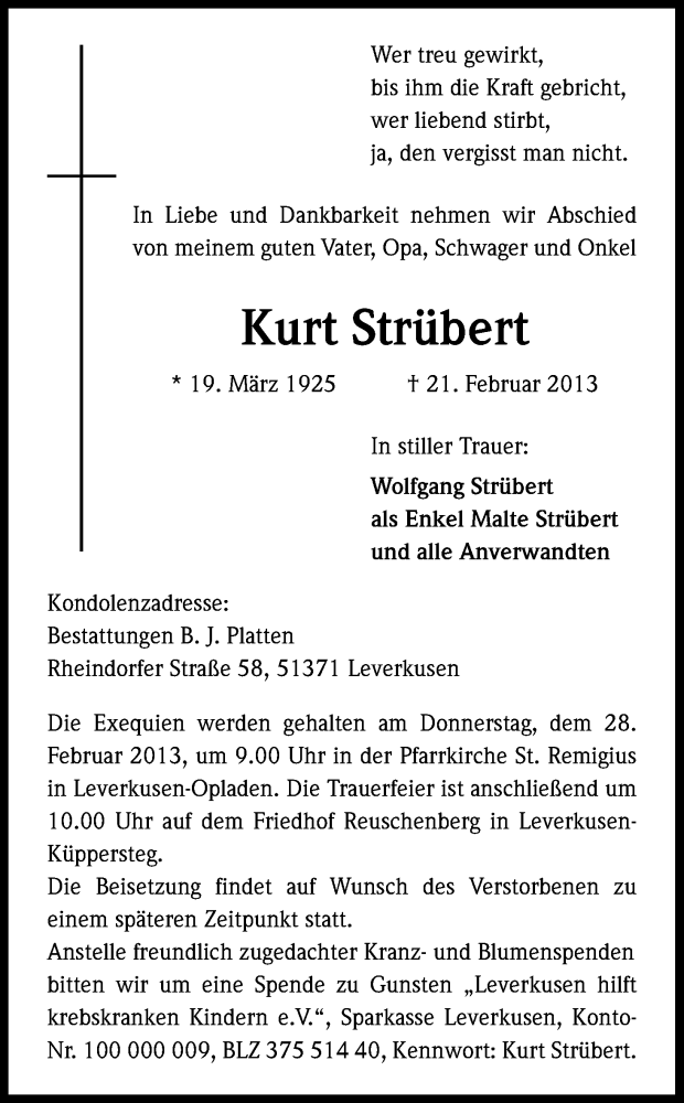 Traueranzeige für Kurt Strübert vom 23.02.2013 aus Kölner Stadt-Anzeiger / Kölnische Rundschau / Express